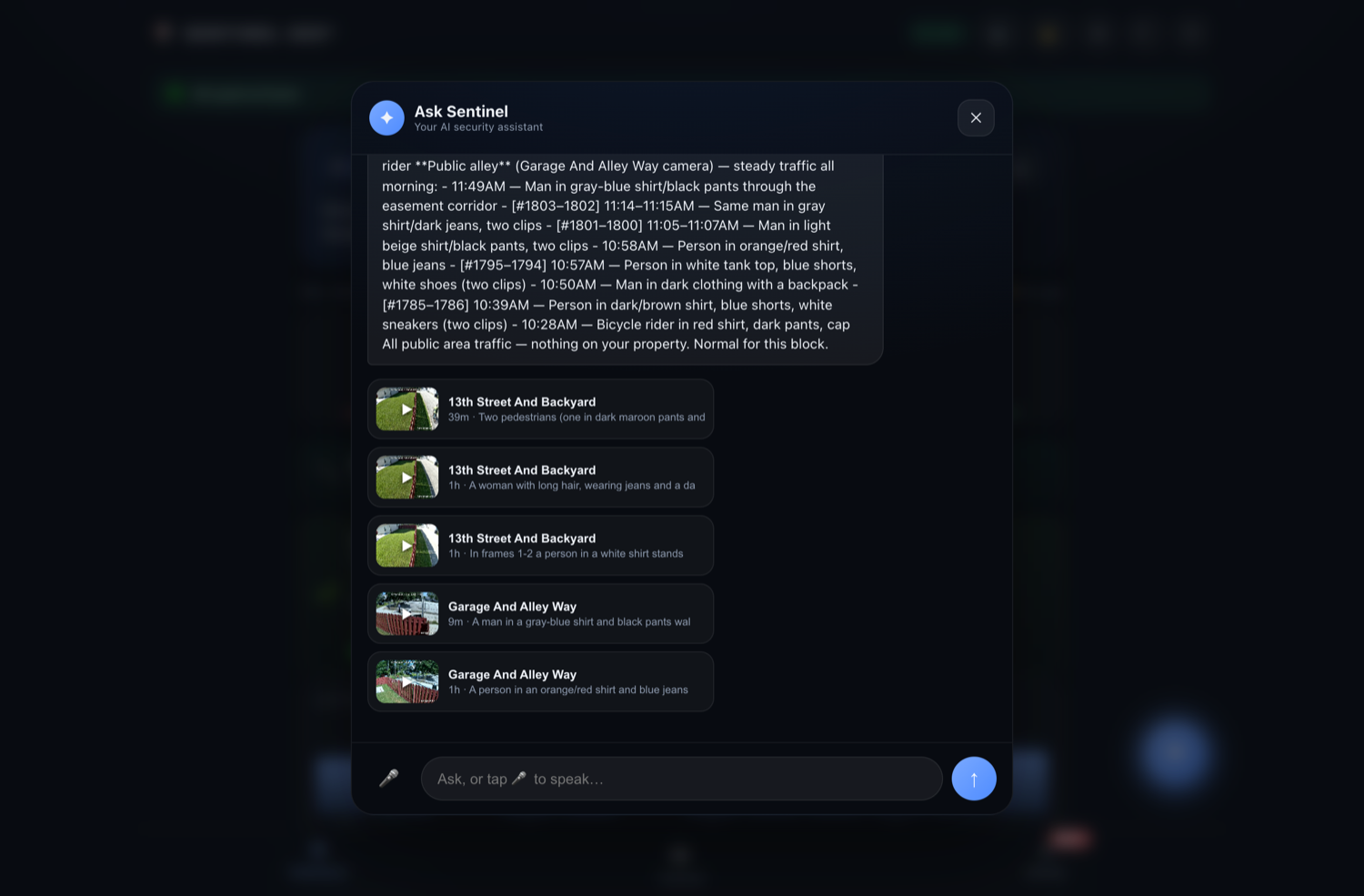 Sentinel AI security assistant answering who walked by today with video clip evidence