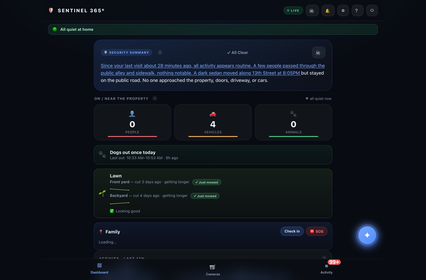 Sentinel 365 dashboard showing a plain-English security summary, people and vehicle counts, and a live activity chart
