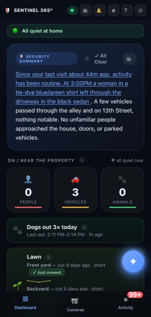 Sentinel 365 dashboard on a phone — a plain-English security recap the moment you open it