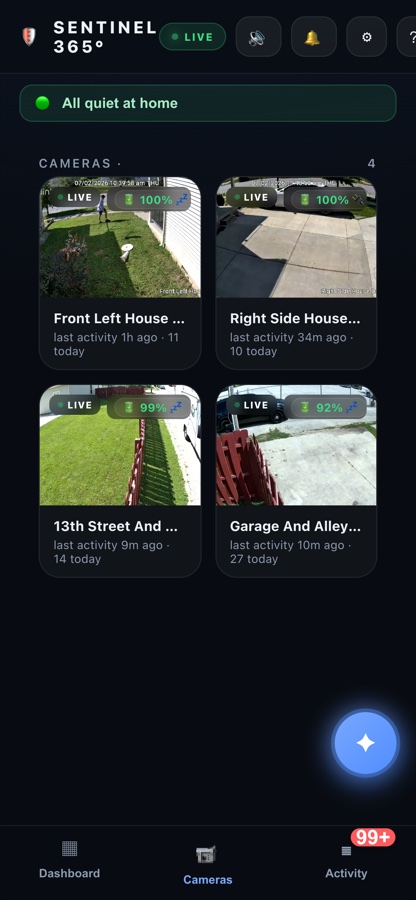 Sentinel 365 security app running on a phone, showing all cameras live